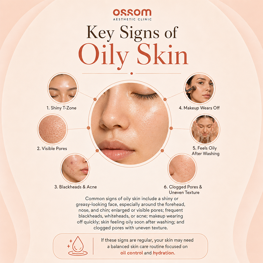 What is Oily Skin - Infographic explaining sebaceous glands, excess sebum, enlarged pores and acne causes